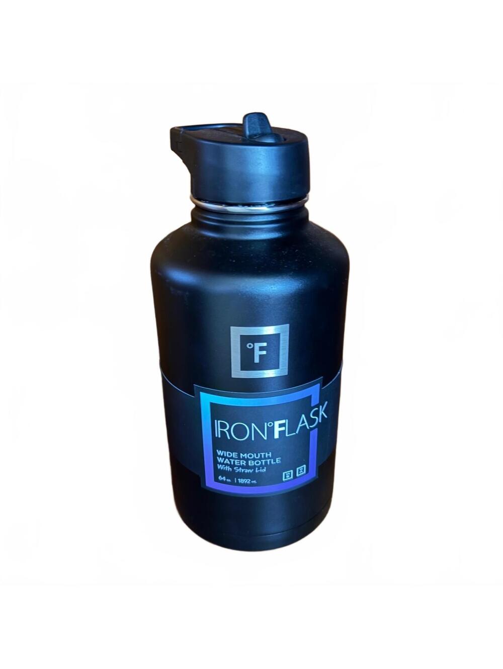Iron Flask Wide Mouth Water Bottle w/ Straw Lid 64oz Black